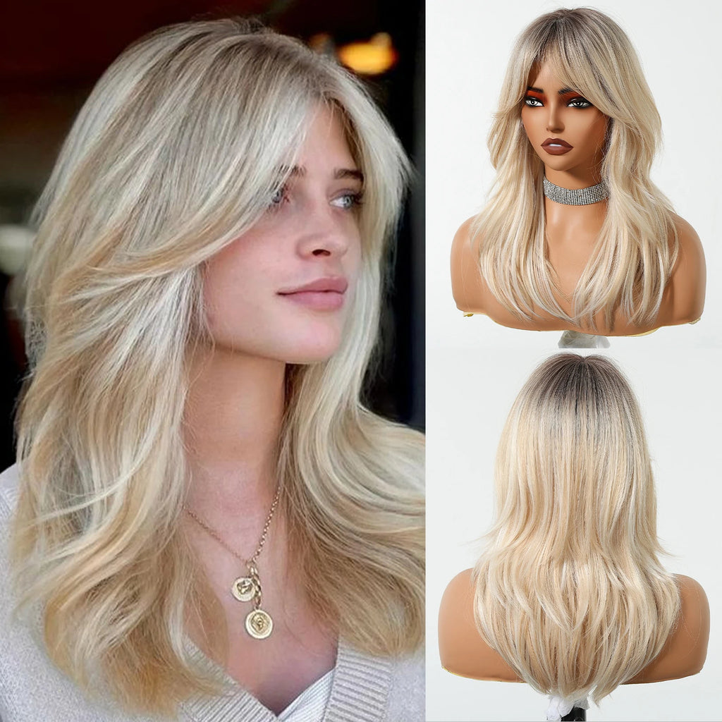 Perruque blond doré ondulée à frange