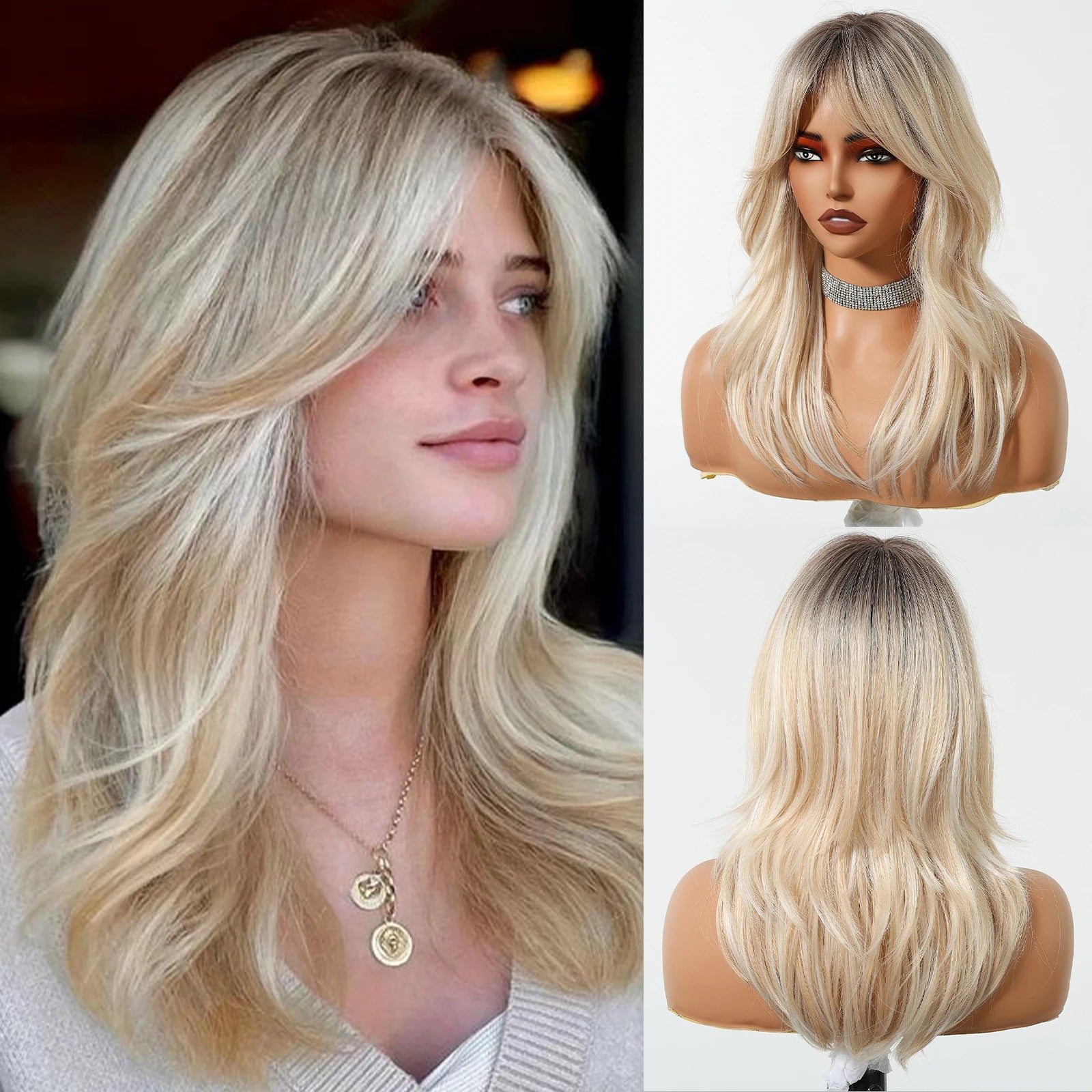 Perruque blond doré ondulée à frange