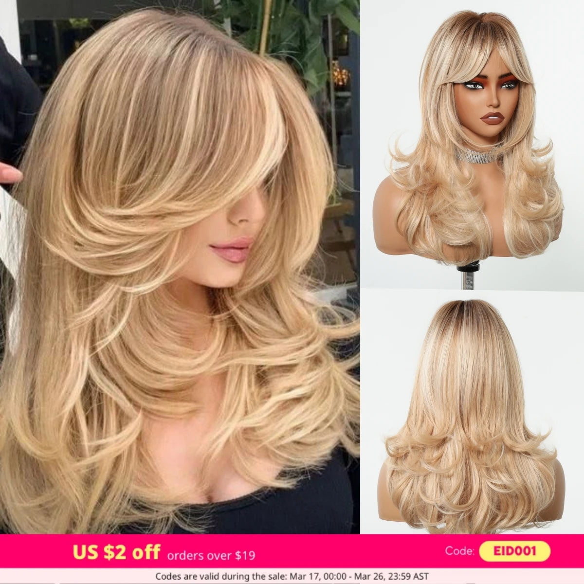 Perruque blond doré ondulée à frange