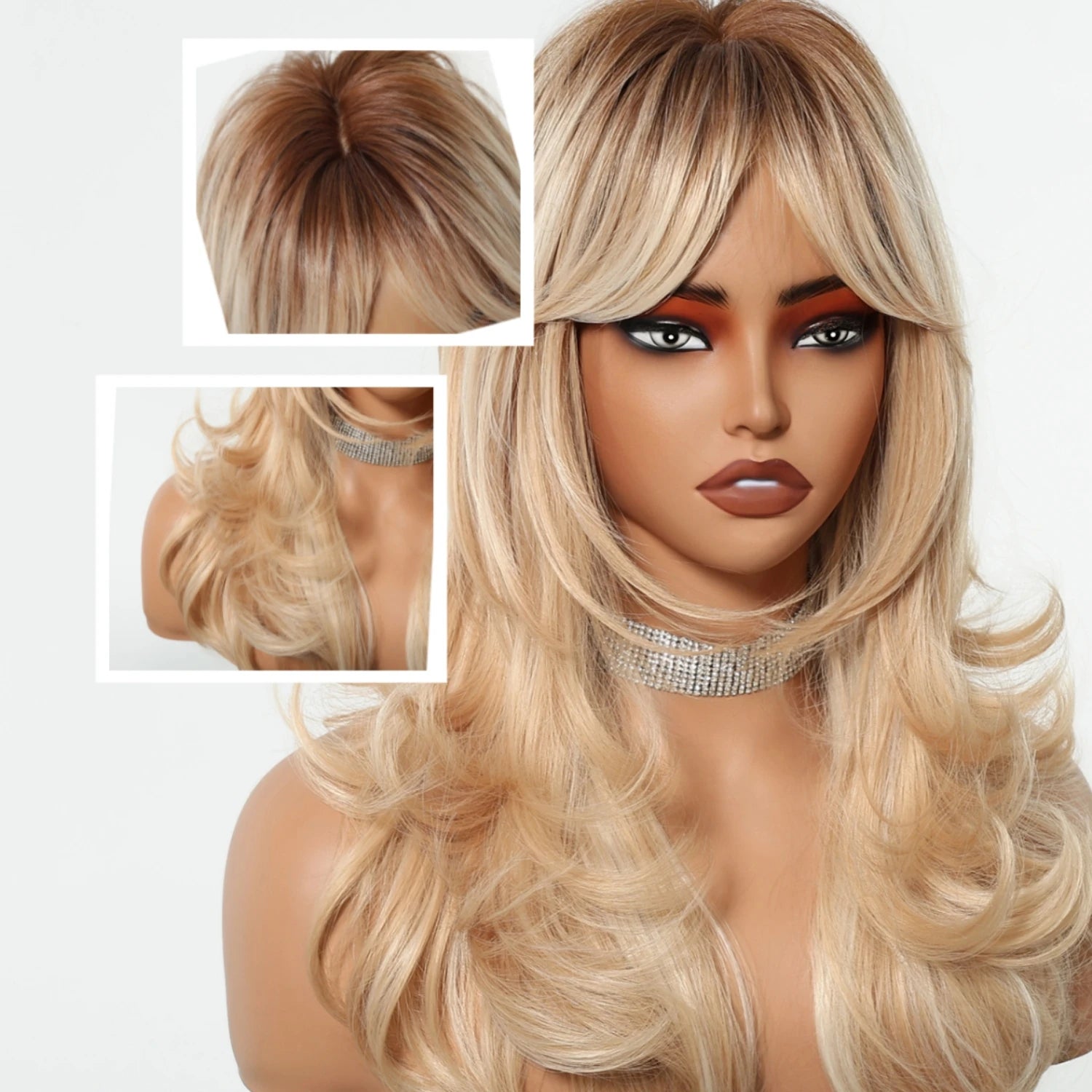 Perruque blond doré ondulée à frange